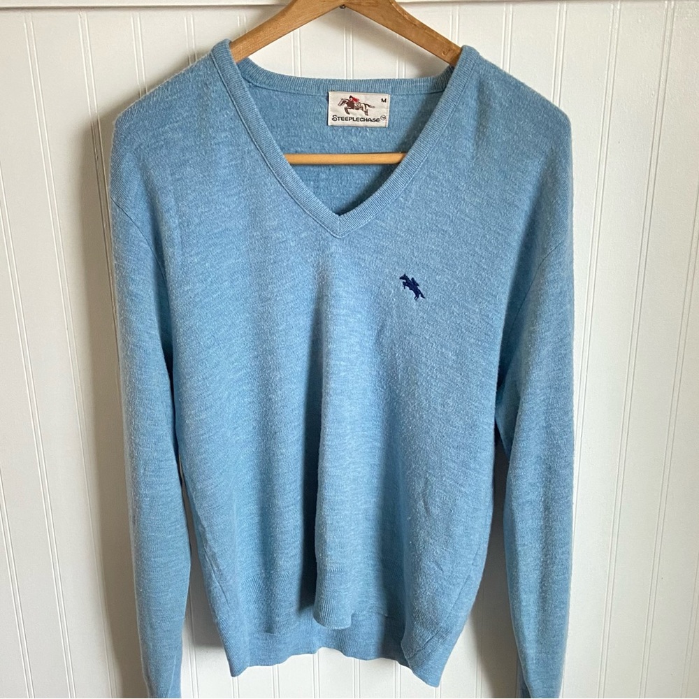Steeplechase Vintage Mens Sweater Baby Blue V Neck Medium Soft Warm Grandpacore